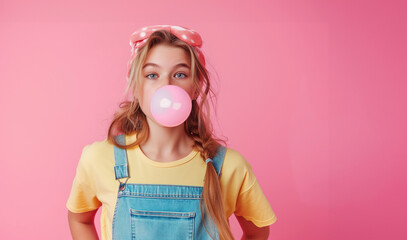 Funny girl inflates a big ball of chewing gum. Profile portrait of young woman inflates pink bublle gem on pastel purple background. Funny young woman holding big chewing gum standing near copy space.