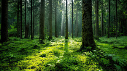 Fototapeta na wymiar Towering green trees and small plants, sunlight filtering through. Mystical and serene atmosphere.
