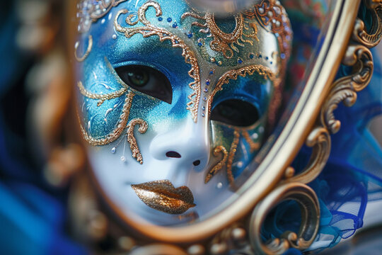 close-up photo capturing the reflection of a carnival mask in a crystal-clear mirror, adding a touch of illusion and magic to the composition