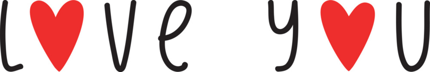 love you text with hearts, black and red isolated vector illustartion, hand drawn letters