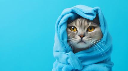A gray cat is wrapped in a towel on a blue background, a banner with free space.