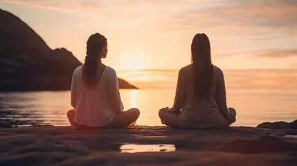Two female friends practicing meditation on the beach