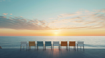 Fototapeta na wymiar Chairs harmonizing with the horizon, creating a serene seating experience