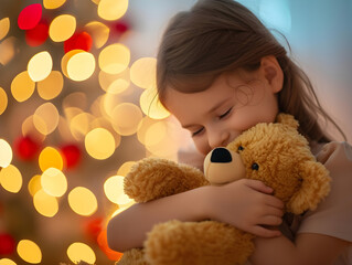 Comfort and Nostalgia: Tender Moment of Affection with Teddy Bear, Warm Cozy Atmosphere with Soft Glowing Lights, Bokeh Effect Enhancing Visual Appeal, Evoking Love and Safety