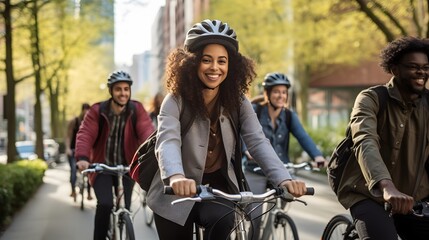 Fototapeta na wymiar A group of diverse people biking through a downtown