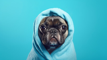 A French bulldog is wrapped in a towel and looks at the camera, a banner with a dog.
