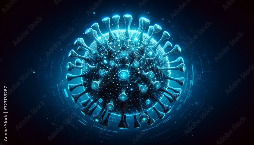 Aufkleber futuristic digital representation of a virus particle in blue neon