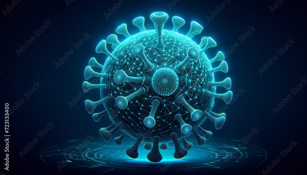Aufkleber futuristic digital representation of a virus particle in blue neon
