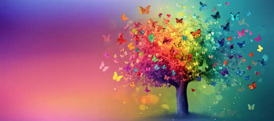 Obraz na płótnie Canvas tree with colorful butterflies colorful background. Elegant colorful tree with vibrant leaves hanging branches illustration background. Bright color 3d abstraction wallpaper for interior mural paintin