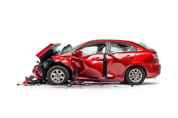 Severe Automobile Collision With Major Damage to a Red Car Isolated on White - obrazy, fototapety, plakaty