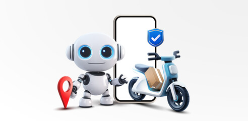 A charming 3D robot character standing next to a delivery scooter with a location pin, symbolizing futuristic delivery services. Online delivery service concept.perfect for landing page. Vector