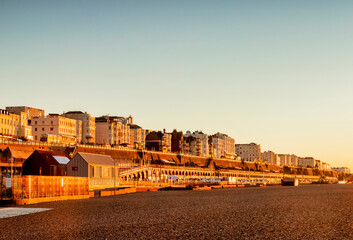  Brighton, East Sussex, UK - Hotels on the seafront at Brighton, from the beach during winter...