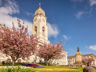  Barnsley, South Yorkshire - Barnsley Town Hall on a fine spring day, with blue sky and gardens in bloom.