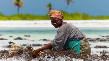 Foto auf Acrylglas Women harvest the seaweed for soap, cosmetics and medicin on a sea plantation in traditional dress, island Zanzibar, Tanzania, East Africa © STORYTELLER