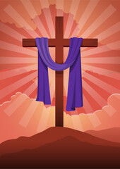 wooden cross with purple sash on clouds background