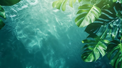 Fototapeta na wymiar top view of water surface with shadow of tropical leaves. abstract banner beautiful background concept