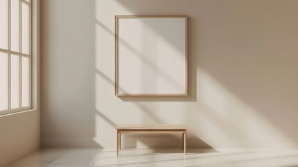 Minimalistic interior beige wall with empty frame, table and sunlight