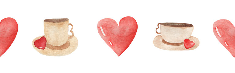 Watercolor central border template of heart and cup on white background. Beautiful decorative elements in shape of hearts isolated on white backround.Valentine day