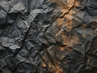 Charred burned black crumpled paper, texture background. Black and beige color rough structure. Grange texture background