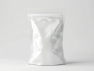 White packaging pouch with a resealable zipper on a white background. Sachet stand-up doypack white mockup isolated on white background