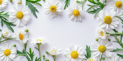 White Daisies on a Bright Background. Frame of white daisies flowers on white background with copy space. Gentle aesthetic floral background