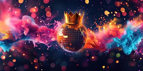 Disco Ball with King Crown in Splash of Neon Pink Powder Like Soundwaves. Colorful Trendy Party Background with Mirror Ball in Bright Colors. Poster or Header for Night Party Club