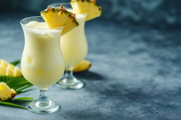 The Perfect Pina Colada Coctail. Two Pina Colada Cocktail Drinks. Cocktail Pina Collada. Garnished with a slice of pineapple. Pina Colada, Cocktail Rum, Cream of Coconut