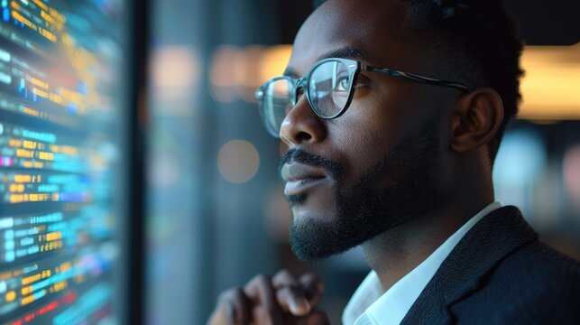 An African American man presenting the result of an algorithmic auditing and discussing algorithmic impact assessment results. Generative AI.