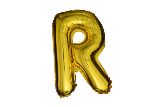 Gold inflatable letter R isolated on white background.