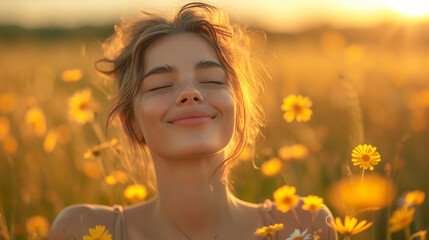 Fototapeta premium Portrait of a beautiful young woman happy and breathing enyoing nature 