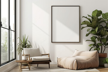 Frame mockup with ISO A paper size, showcasing a living room wall poster mockup against a modern interior design background, presented in a 3D render.