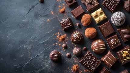 Assorted Gourmet Chocolates and Truffles on Dark Background