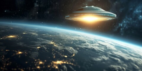 UFO, an alien plate hovered motionless in space against the background of the earth. alien invasion, spacecraft of the humanoids.