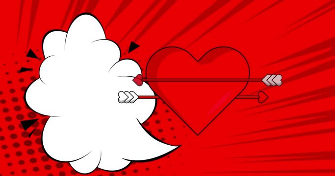Cartoon Arrow Heart with blank speech bubble, comic book Valentine's Day Symbol video. Retro comics pop art animation.