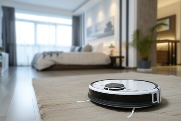 Robotic Vacuum Cleaner on Carpet in Modern Bedroom