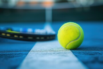 Tennis Ball on Blue Court Near the Line