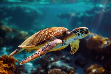 Fototapeta premium Sea Turtle Swimming in Ocean with Coral Reef