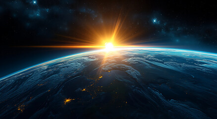 3d earth from outer space with a sun rising like a st - obrazy, fototapety, plakaty