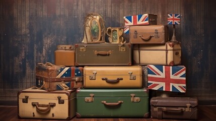 Stack of classic brown suitcases with England flag on wooden background.