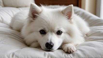 White german spitz dog lying on bed in the bedroom