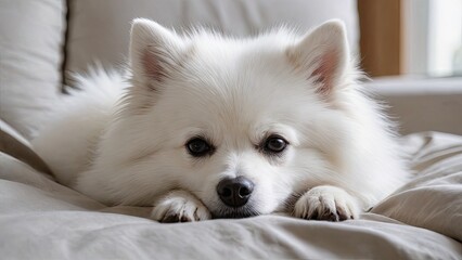 Fototapeta na wymiar White german spitz dog lying on bed in the bedroom