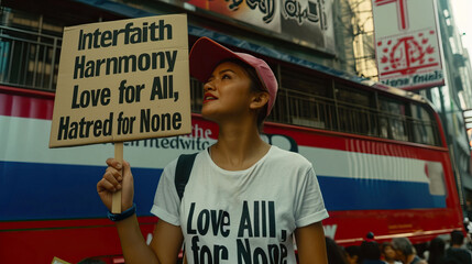 girl with a sign with a slogan with the words Interfaith Harmony, love for All, Hatred for None, banner, poster - obrazy, fototapety, plakaty