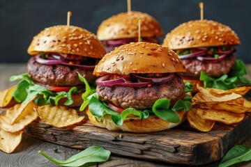 Gourmet Burgers with Potato Chips on Wooden Board
