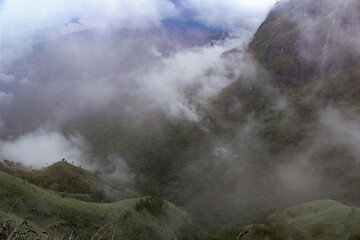Mountain valley in clouds and fog.