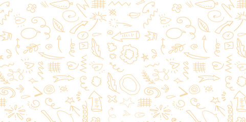 Cartoon hand drawn hippie doodles seamless pattern. Line art detailed, with lots of objects background.