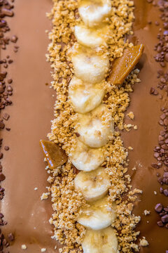 Close up view of ice cream flavor banoffee. Soft focus