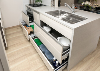 キッチン下収納、ソフトクロース引き出し、日本のシステムキッチン