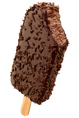 Sweet brigadeiro flavor popsicle with chocolate shell and chocolate sprinkles