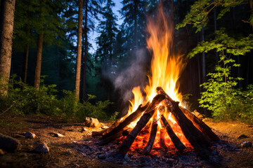 Burning campfire on a dark night in a forest. The bonfire burns in the forest. camp fire in the...