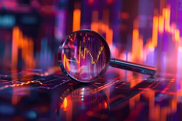 magnifying glass laying on top of a digital display with various financial charts